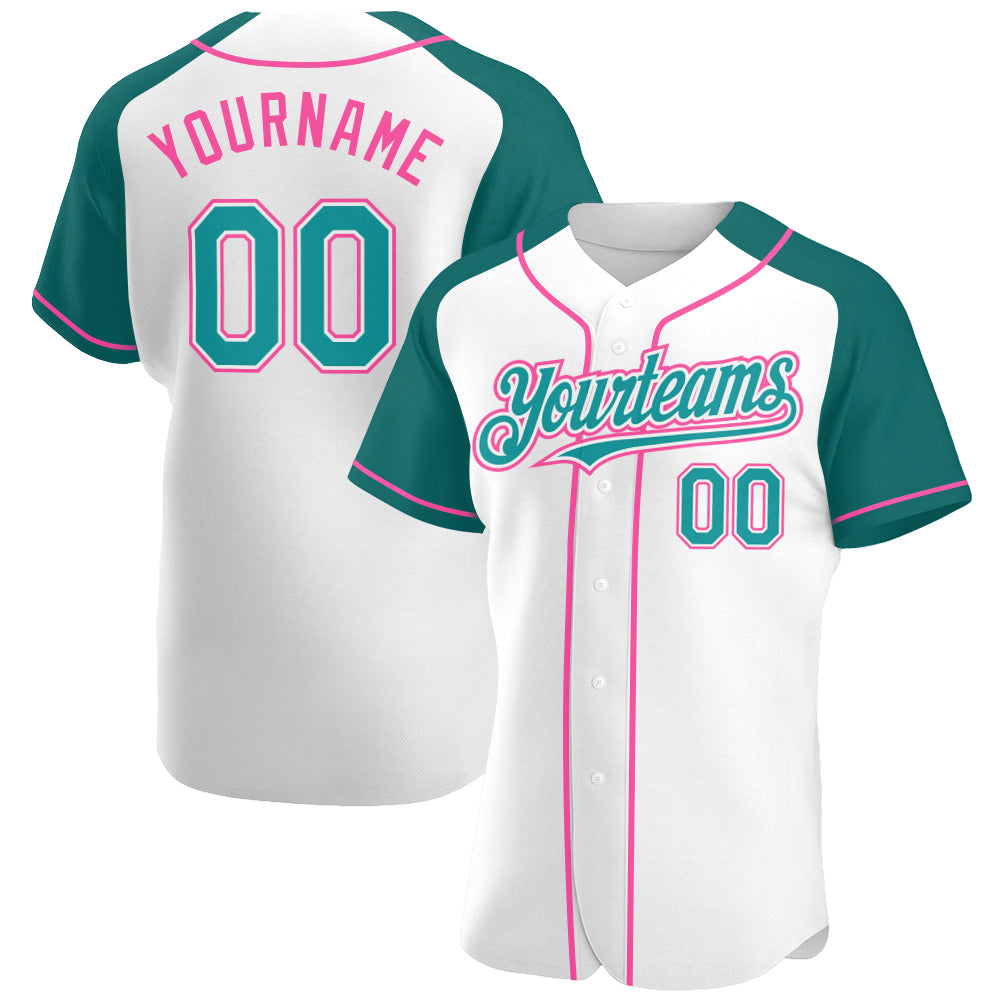 Custom White Teal-Pink Authentic Raglan Sleeves Baseball Jersey
