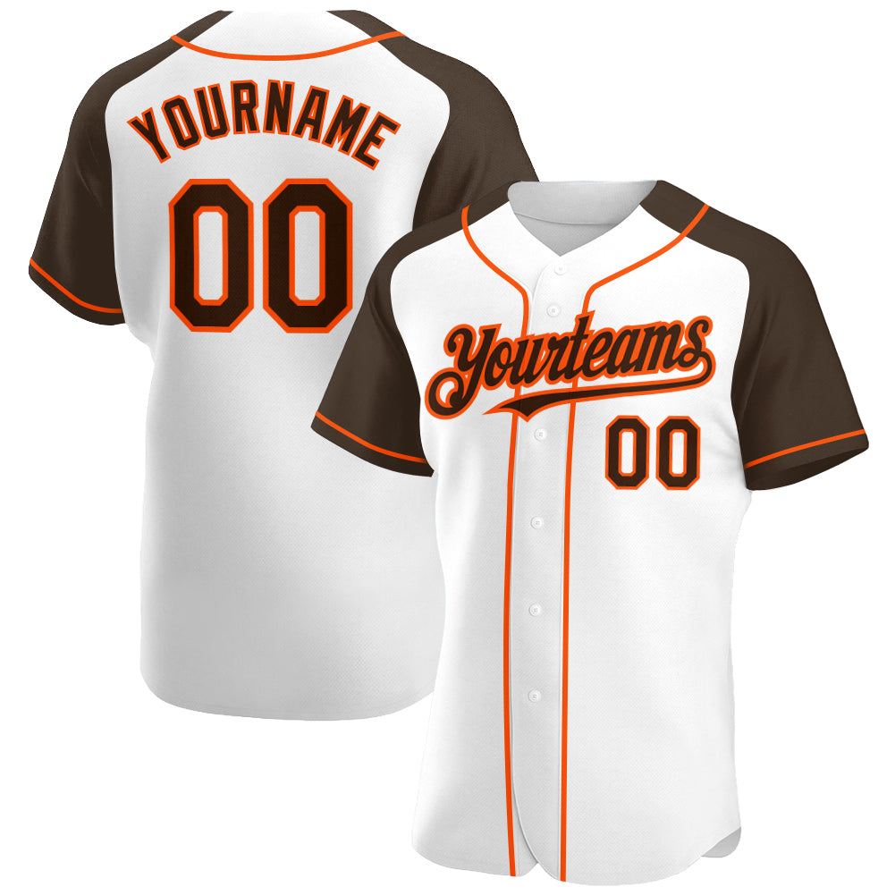 Custom White Brown-Orange Authentic Raglan Sleeves Baseball Jersey