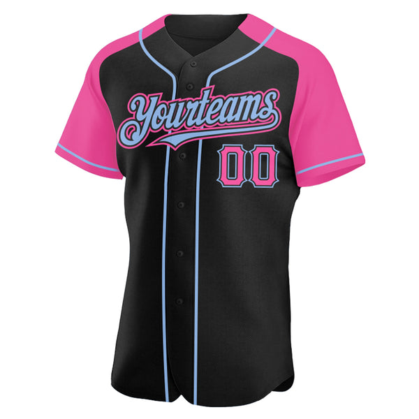 Custom Black Pink-Light Blue Authentic Raglan Sleeves Baseball Jersey