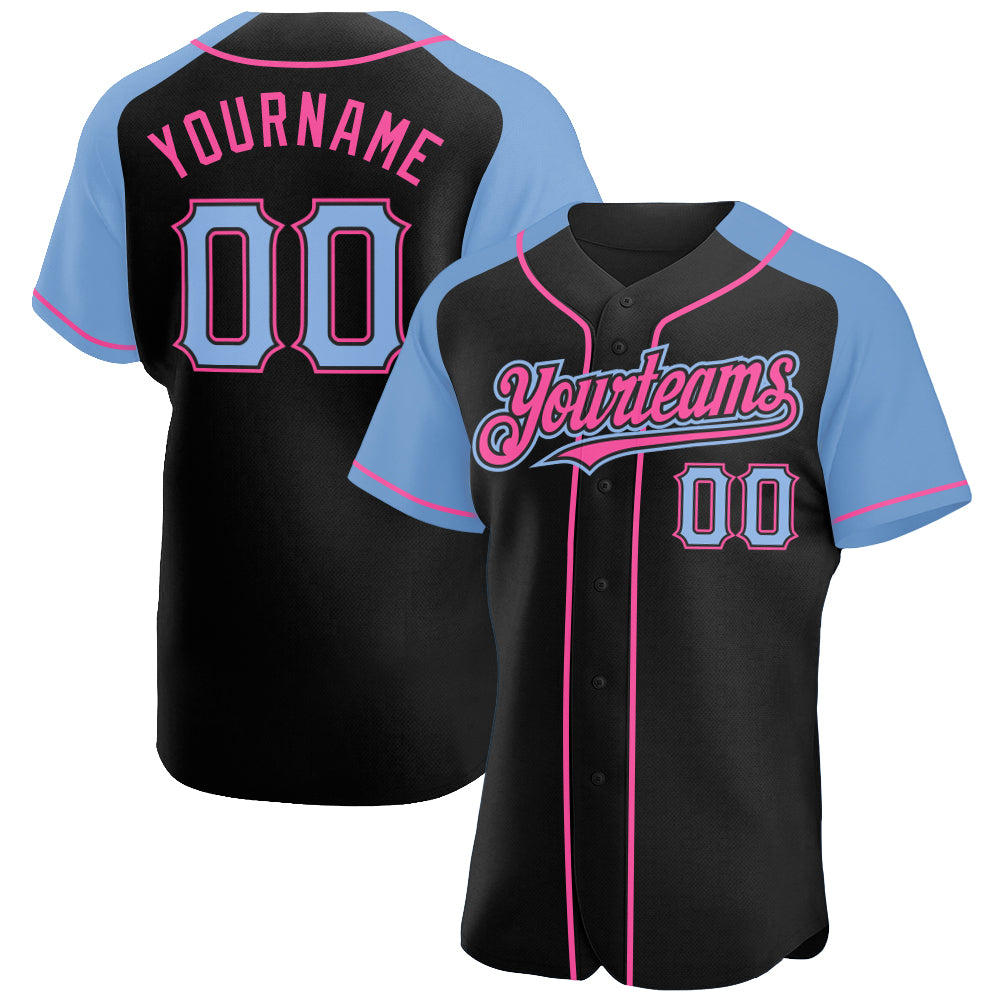 Custom Black Light Blue-Pink Authentic Raglan Sleeves Baseball Jersey