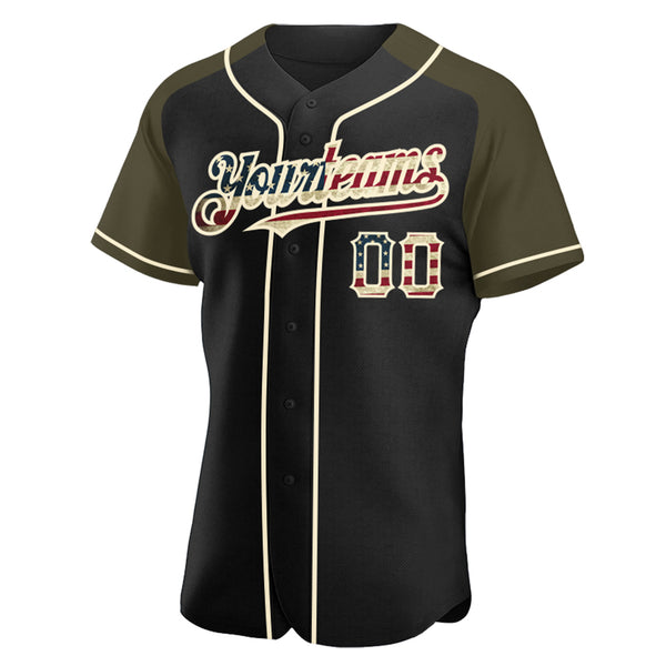 Custom Black Vintage USA Flag Olive-Cream Authentic Raglan Sleeves Baseball Jersey