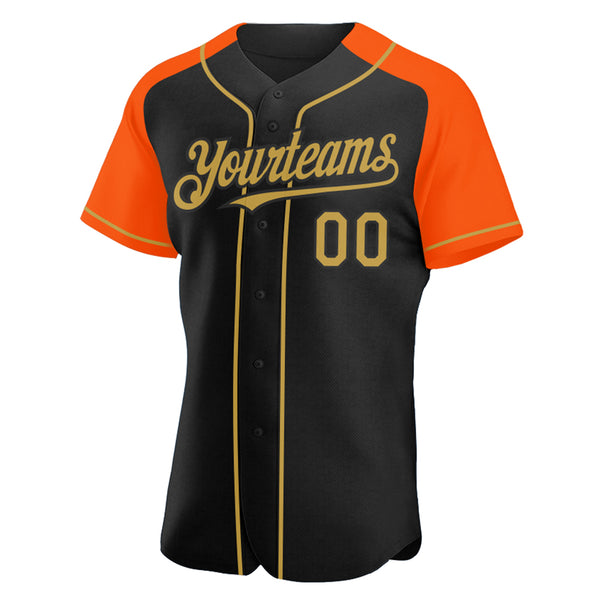 Custom Black Old Gold-Orange Authentic Raglan Sleeves Baseball Jersey