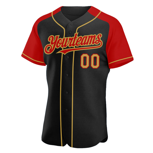Custom Black Old Gold-Red Authentic Raglan Sleeves Baseball Jersey