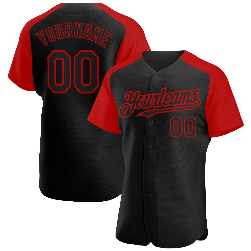 Custom Black Red Authentic Raglan Sleeves Baseball Jersey