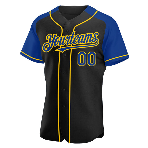Custom Black Royal-Yellow Authentic Raglan Sleeves Baseball Jersey