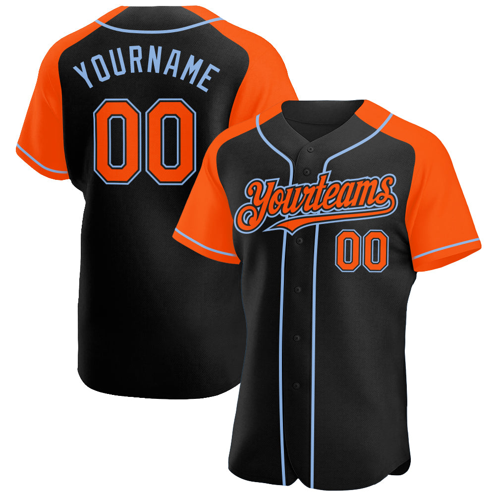 Custom Black Orange-Light Blue Authentic Raglan Sleeves Baseball Jersey