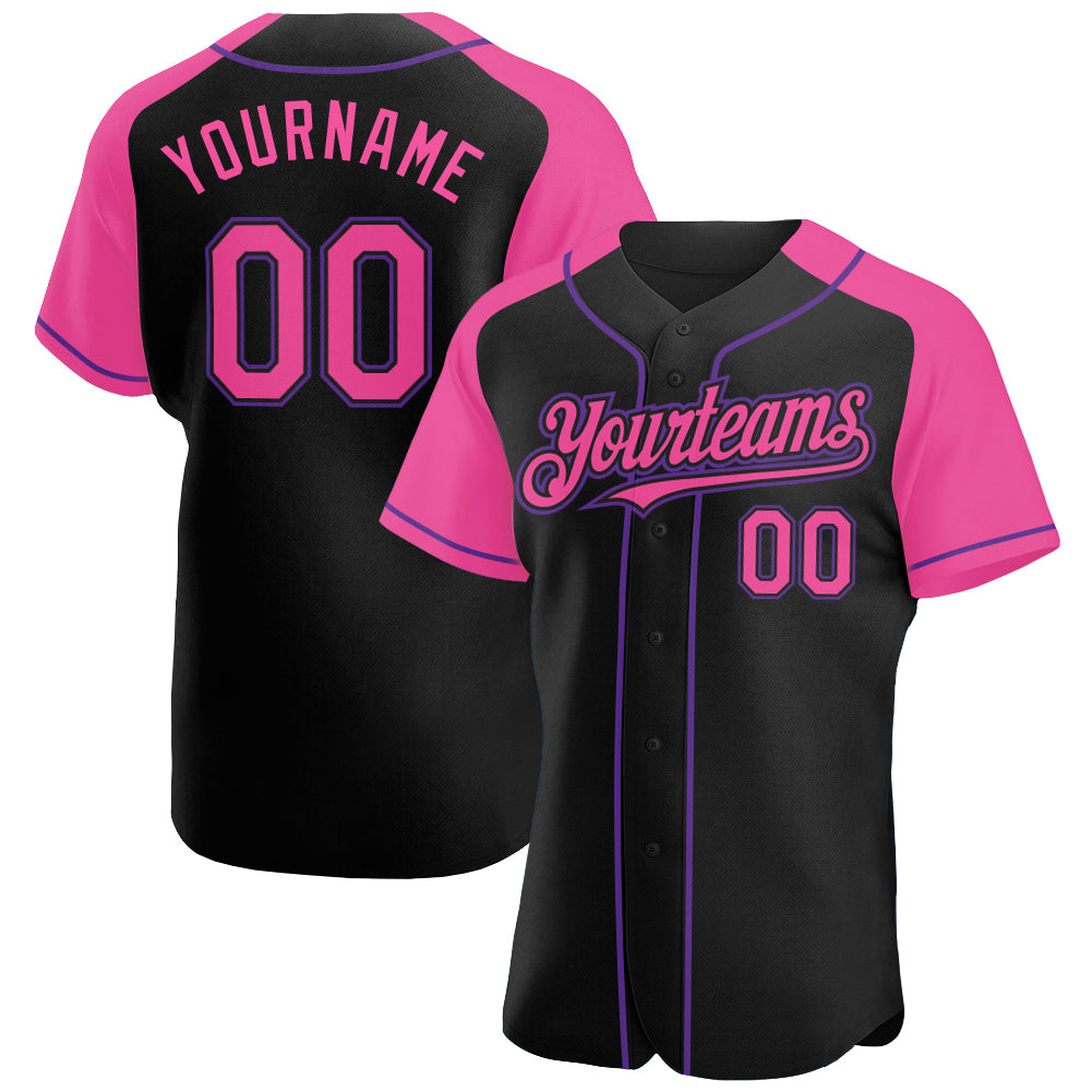 Custom Black Pink-Purple Authentic Raglan Sleeves Baseball Jersey