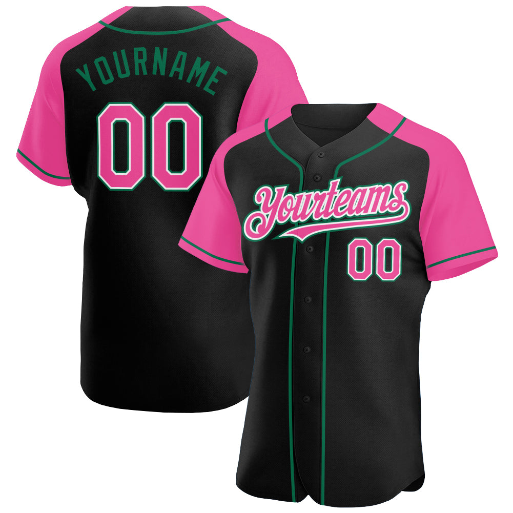 Custom Black Pink-Kelly Green Authentic Raglan Sleeves Baseball Jersey