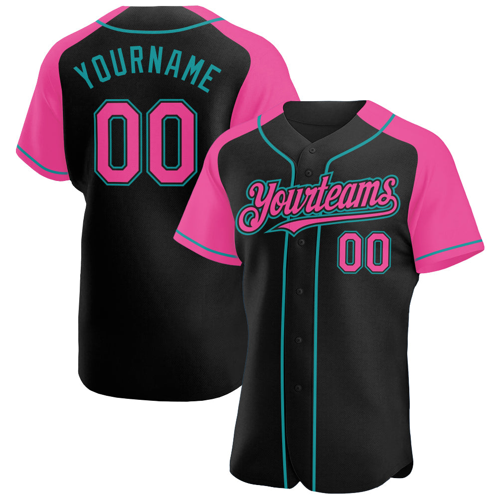 Custom Black Pink-Teal Authentic Raglan Sleeves Baseball Jersey