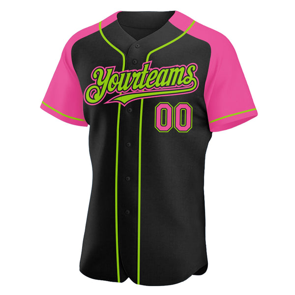 Custom Black Pink-Neon Green Authentic Raglan Sleeves Baseball Jersey