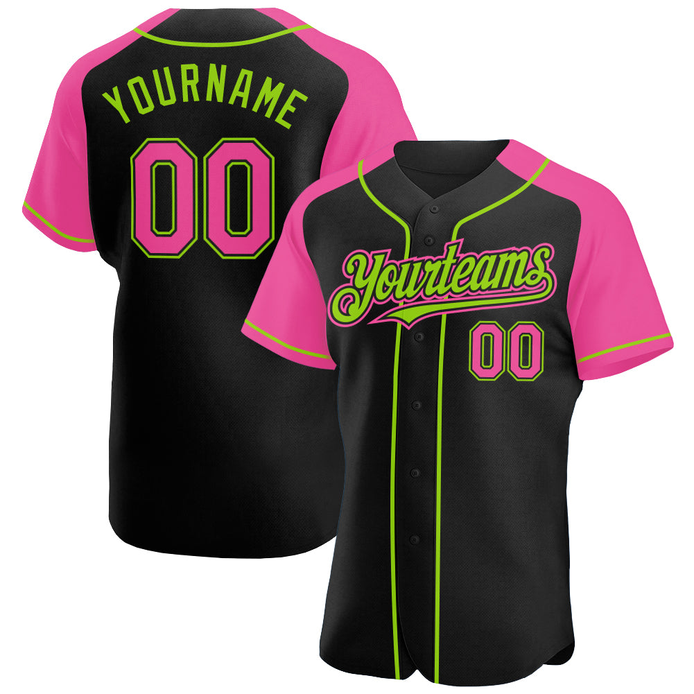 Custom Black Pink-Neon Green Authentic Raglan Sleeves Baseball Jersey