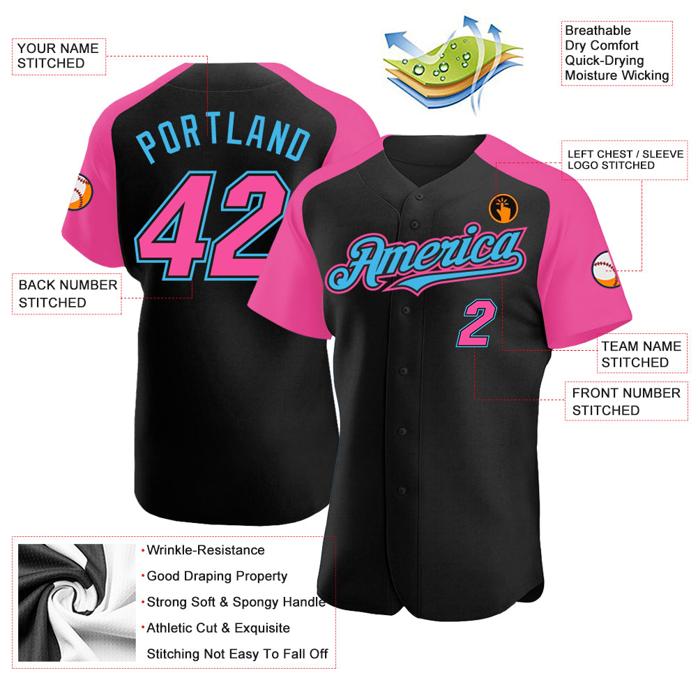 Custom Black Pink-Sky Blue Authentic Raglan Sleeves Baseball Jersey ...