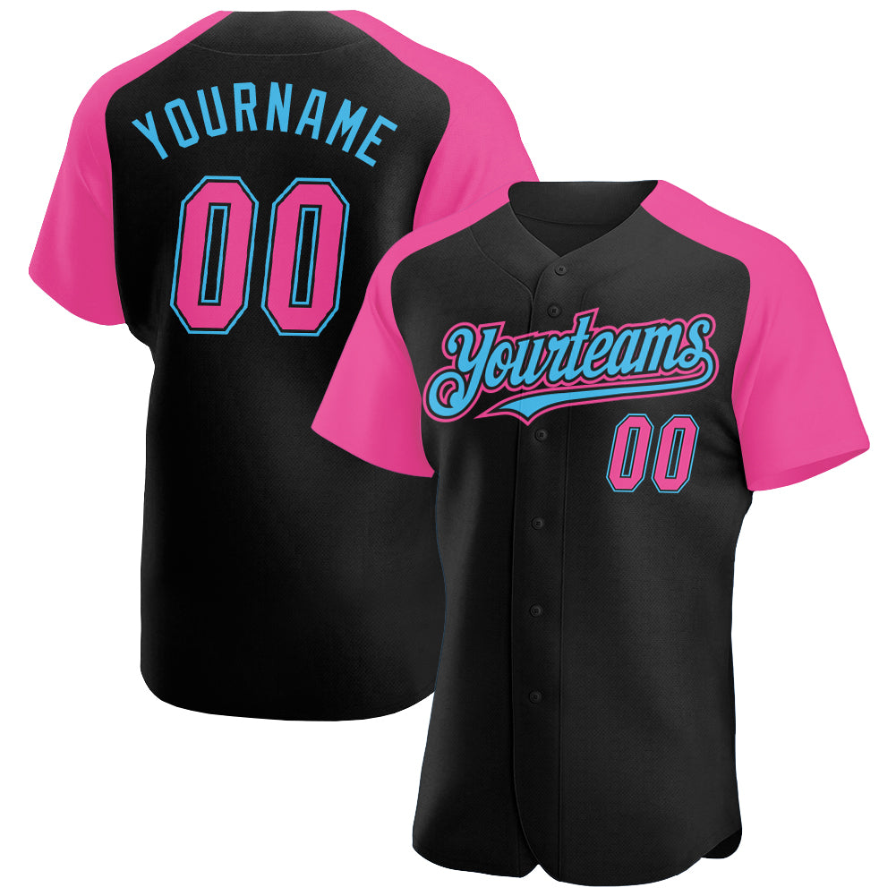 Custom Black Pink-Sky Blue Authentic Raglan Sleeves Baseball Jersey