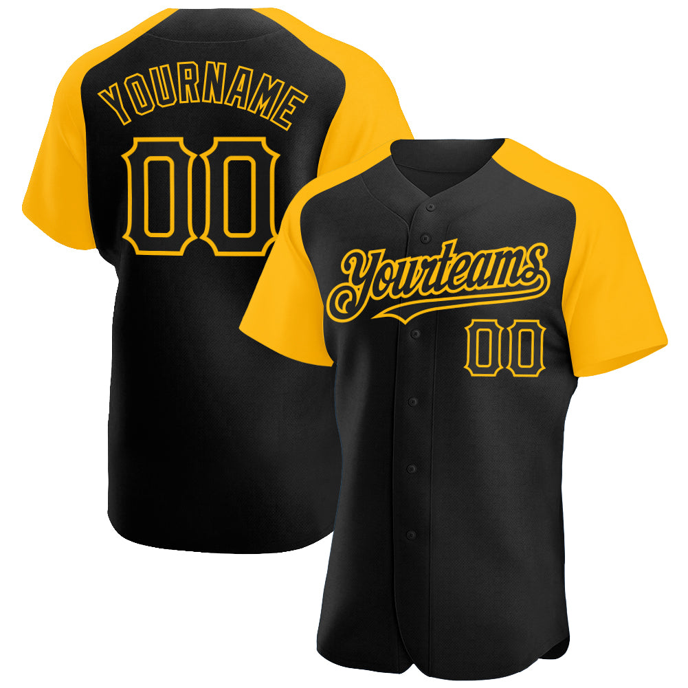 Custom Black Gold Authentic Raglan Sleeves Baseball Jersey