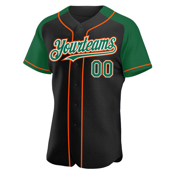 Custom Black Kelly Green-Orange Authentic Raglan Sleeves Baseball Jersey