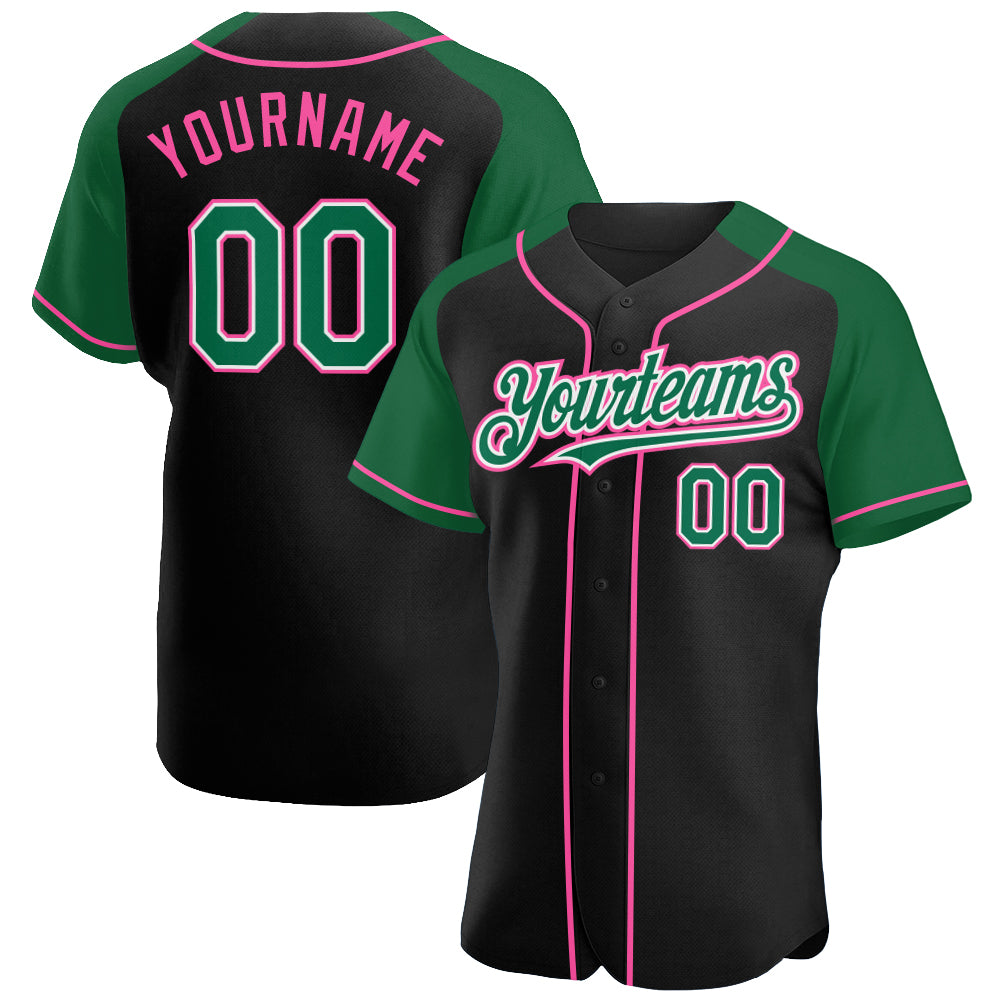 Custom Black Kelly Green-Pink Authentic Raglan Sleeves Baseball Jersey