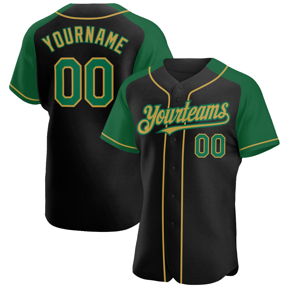Custom Black Kelly Green-Old Gold Authentic Raglan Sleeves Baseball Jersey