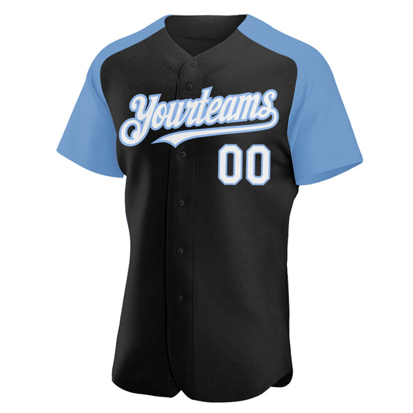 Custom Black White-Light Blue Authentic Raglan Sleeves Baseball Jersey