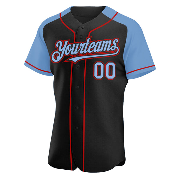 Custom Black Light Blue-Red Authentic Raglan Sleeves Baseball Jersey