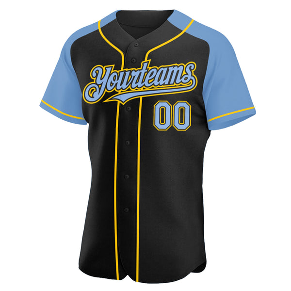 Custom Black Light Blue-Yellow Authentic Raglan Sleeves Baseball Jersey