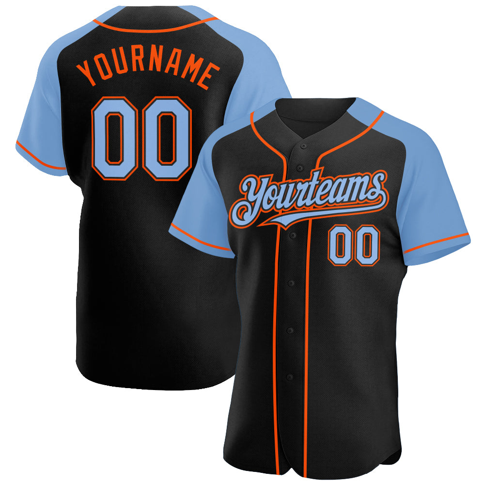 Custom Black Light Blue-Orange Authentic Raglan Sleeves Baseball Jersey