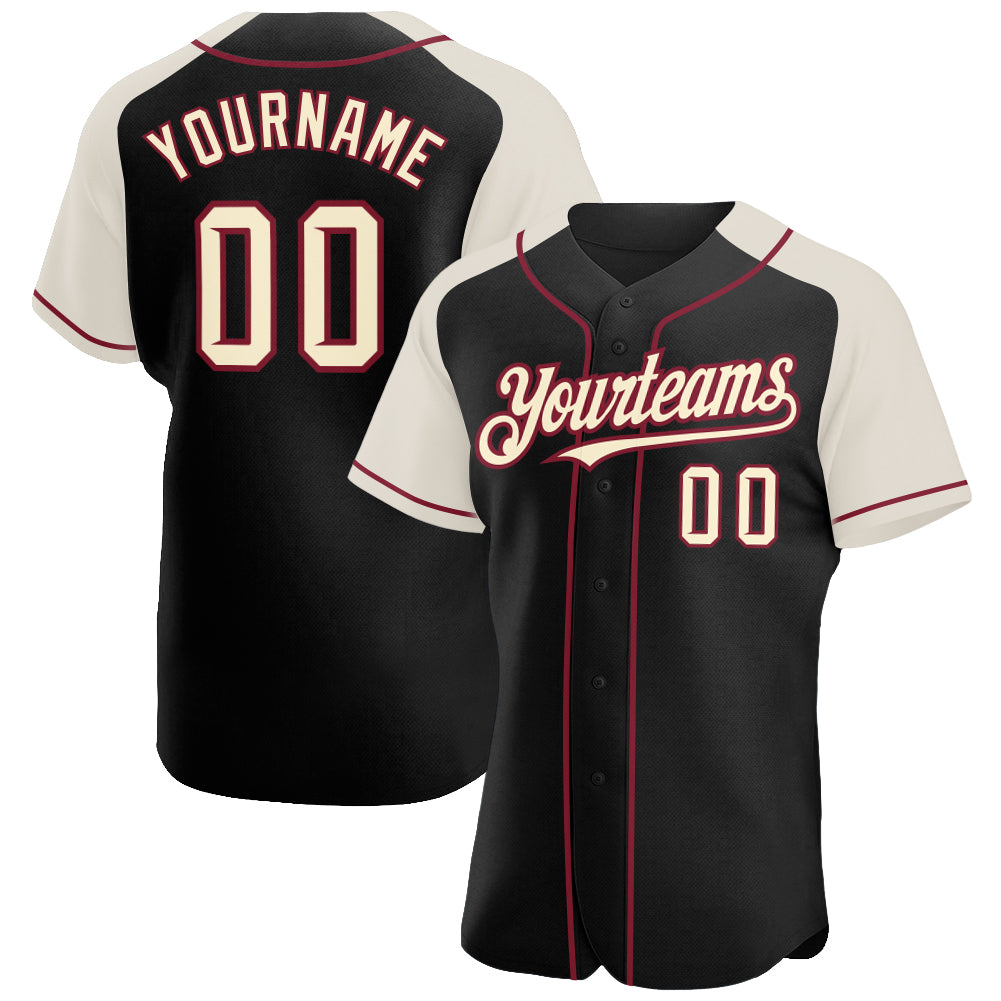 Custom Black Cream-Crimson Authentic Raglan Sleeves Baseball Jersey