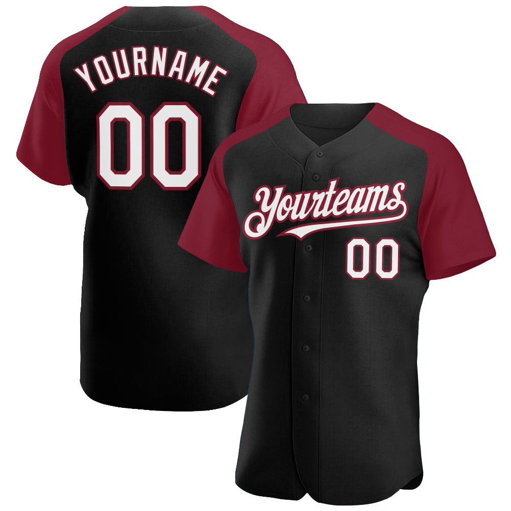 Custom Black White-Crimson Authentic Raglan Sleeves Baseball Jersey