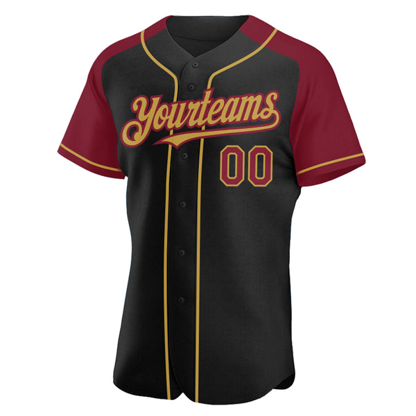 Custom Black Crimson-Old Gold Authentic Raglan Sleeves Baseball Jersey