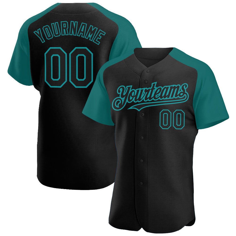 Custom Black Teal Authentic Raglan Sleeves Baseball Jersey