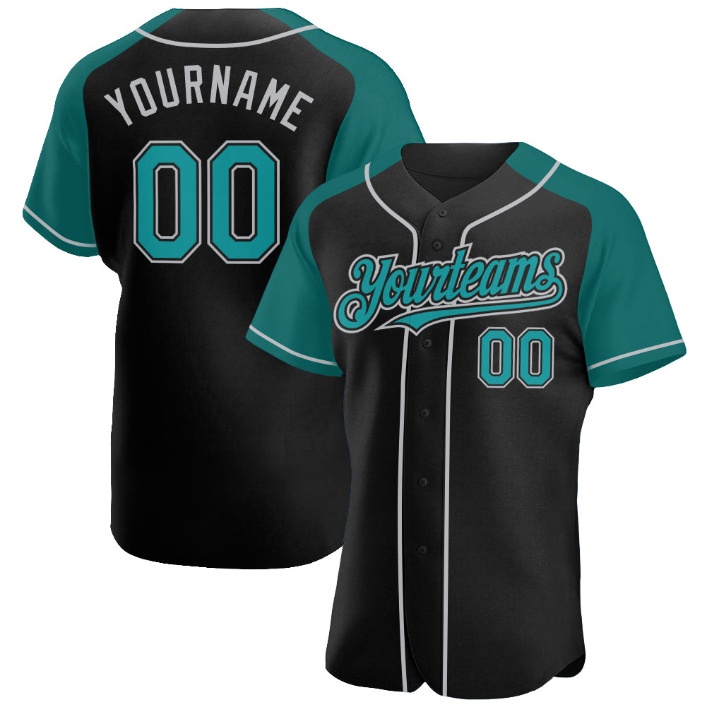 Custom Black Teal-Gray Authentic Raglan Sleeves Baseball Jersey