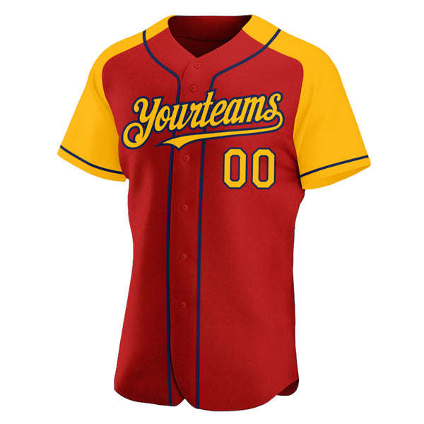 Custom Red Gold-Navy Authentic Raglan Sleeves Baseball Jersey