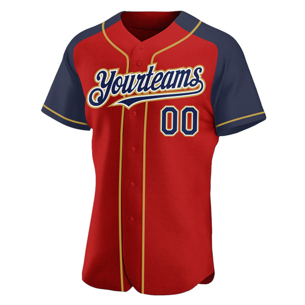 Custom Red Navy-Old Gold Authentic Raglan Sleeves Baseball Jersey
