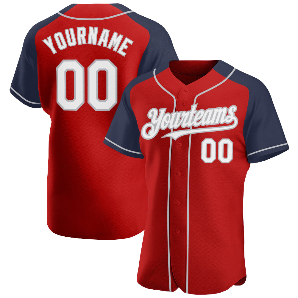 Custom Red White Navy-Gray Authentic Raglan Sleeves Baseball Jersey