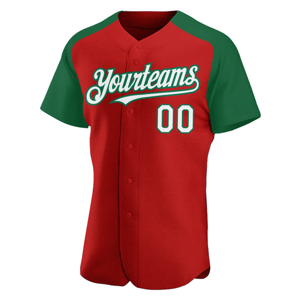 Custom Red White-Kelly Green Authentic Raglan Sleeves Baseball Jersey