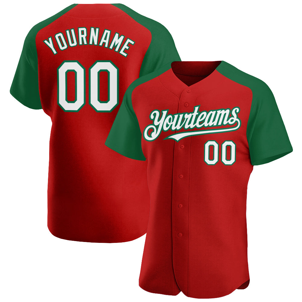 Custom Red White-Kelly Green Authentic Raglan Sleeves Baseball Jersey