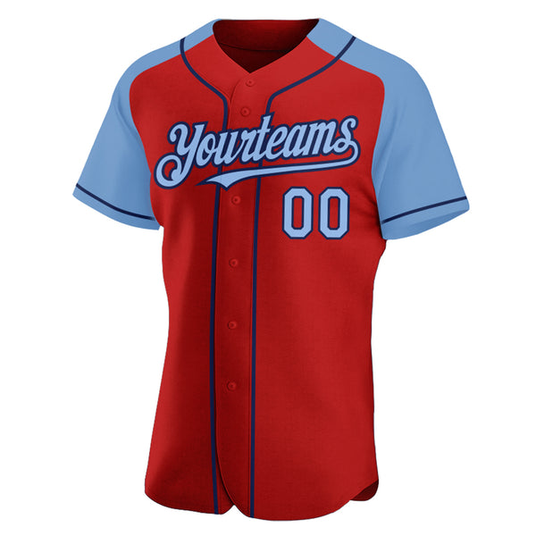 Custom Red Light Blue-Navy Authentic Raglan Sleeves Baseball Jersey
