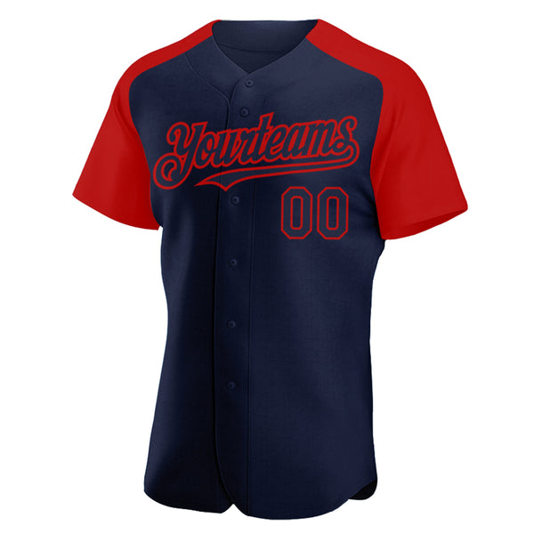 Custom Navy Red Authentic Raglan Sleeves Baseball Jersey