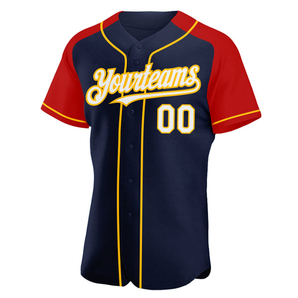 Custom Navy White Red-Gold Authentic Raglan Sleeves Baseball Jersey
