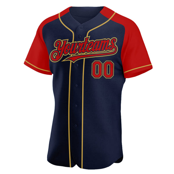 Custom Navy Red-Old Gold Authentic Raglan Sleeves Baseball Jersey