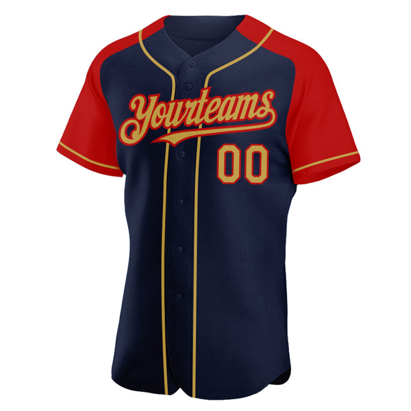 Custom Navy Old Gold-Red Authentic Raglan Sleeves Baseball Jersey