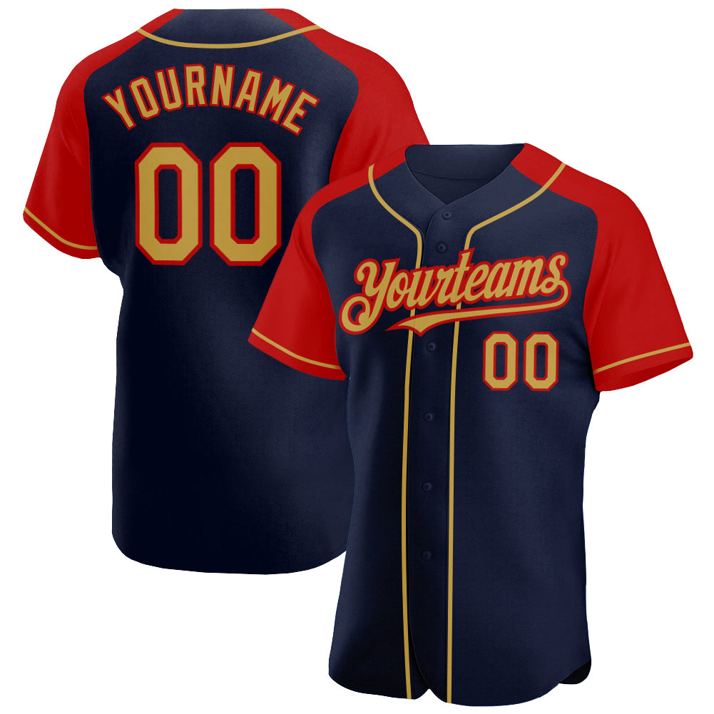 Custom Navy Old Gold-Red Authentic Raglan Sleeves Baseball Jersey