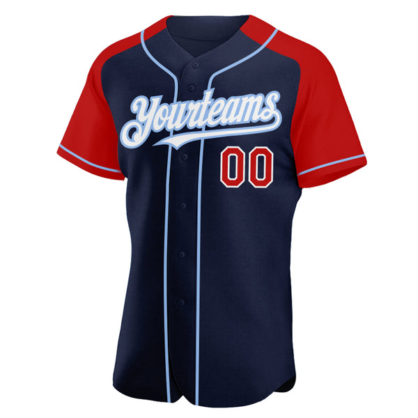 Custom Navy Red-Light Blue Authentic Raglan Sleeves Baseball Jersey