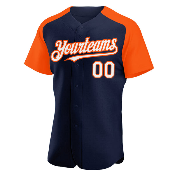 Custom Navy White-Orange Authentic Raglan Sleeves Baseball Jersey