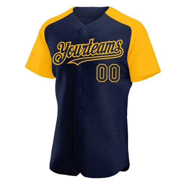 Custom Navy Gold Authentic Raglan Sleeves Baseball Jersey