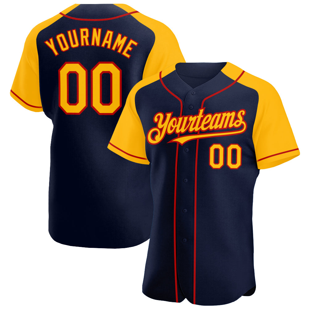 Custom Navy Gold-Red Authentic Raglan Sleeves Baseball Jersey