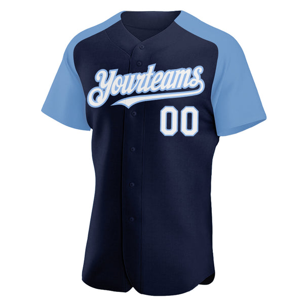 Custom Navy White-Light Blue Authentic Raglan Sleeves Baseball Jersey