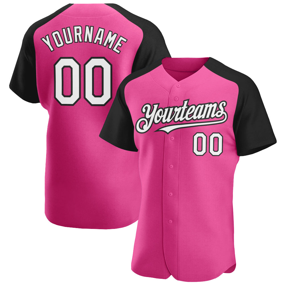 Custom Pink White-Black Authentic Raglan Sleeves Baseball Jersey