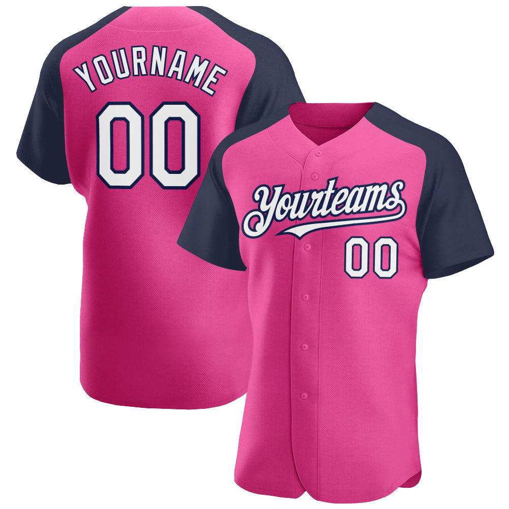 Custom Pink White-Navy Authentic Raglan Sleeves Baseball Jersey
