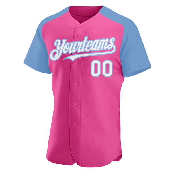 Custom Pink White-Light Blue Authentic Raglan Sleeves Baseball Jersey
