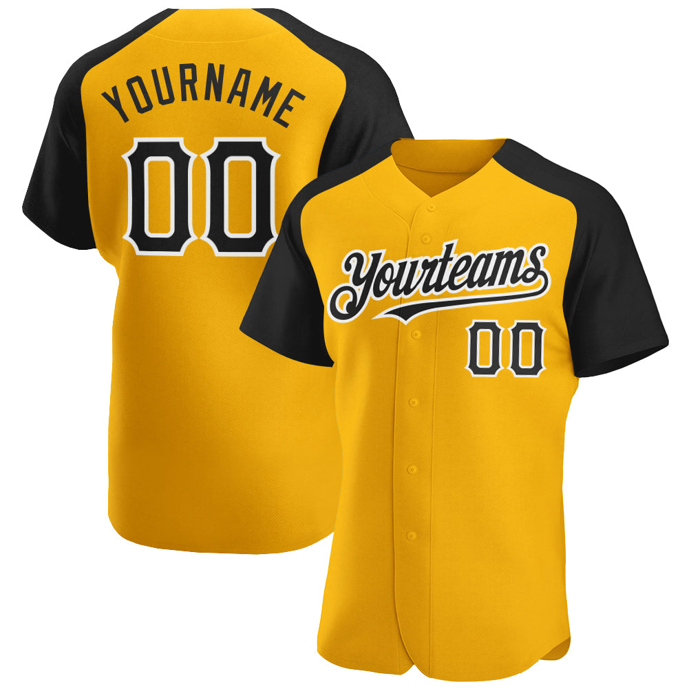 Custom Gold Black-White Authentic Raglan Sleeves Baseball Jersey